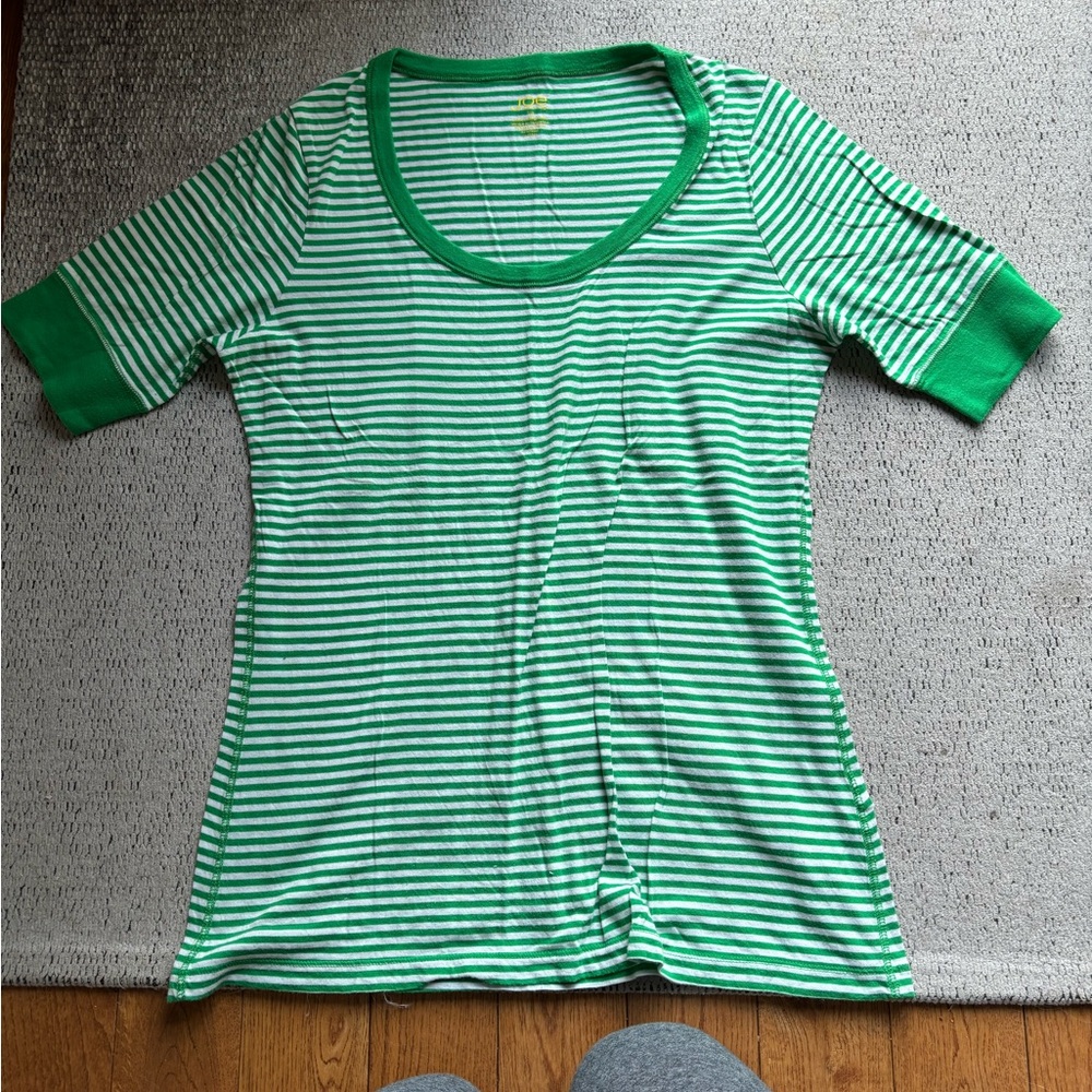 JOE Fresh Green and White Striped Scoop Neck T Shirt